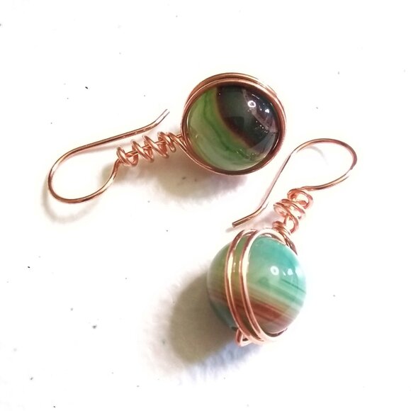 One-of-a-Kind!!! Green & Brown Banded Agate Spheres ~ Copper Wrapped Earrings - Picture 1 of 13